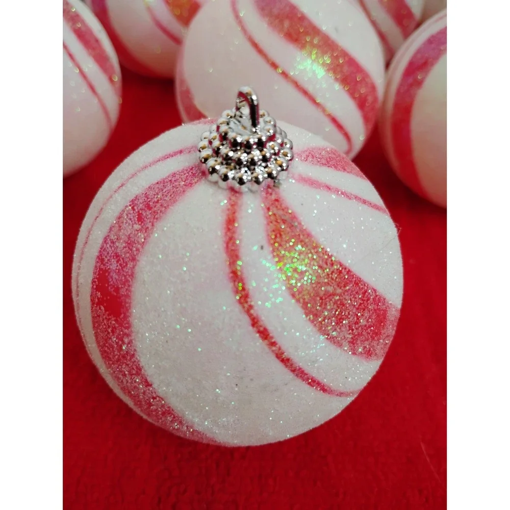 8pc Peppermint Swirl Christmas Ornaments Red White Glitter Candy Cane Baubles